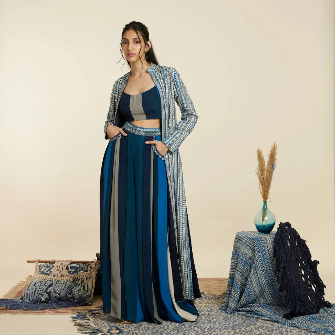 BLUE BOHO JACKET PAIRED WITH BUSTIER AND PLEATED PANTS