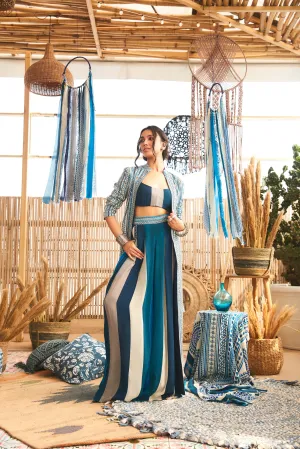 BLUE BOHO JACKET PAIRED WITH BUSTIER AND PLEATED PANTS