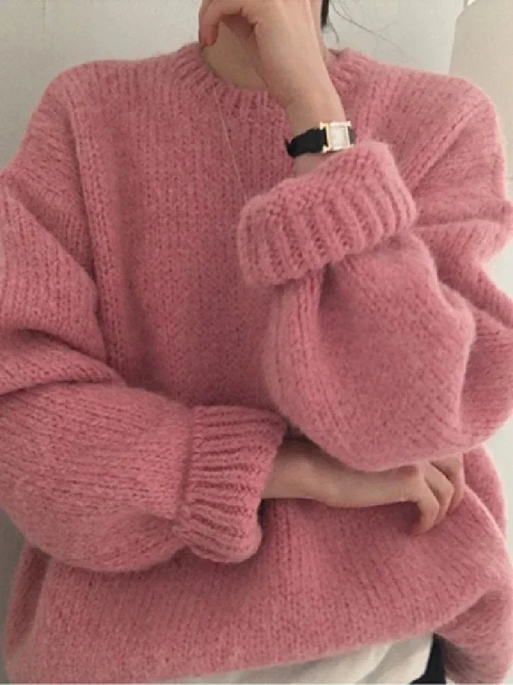 Bonnyshow 10 Colors Pink Women Sweater Womens Winter Sweaters Pullover Female Knitting Overszie Long Sleeve Loose Knitted Outerwear White