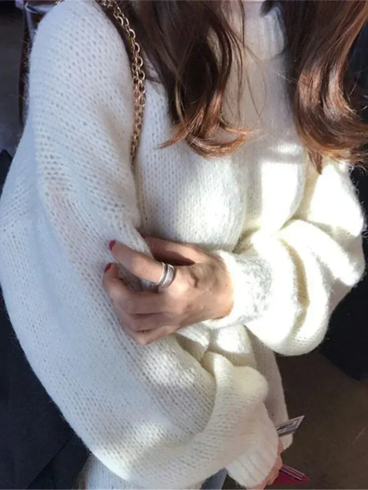 Bonnyshow 10 Colors Pink Women Sweater Womens Winter Sweaters Pullover Female Knitting Overszie Long Sleeve Loose Knitted Outerwear White