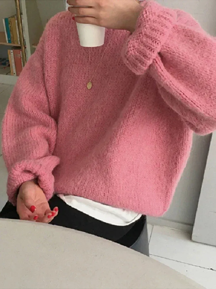 Bonnyshow 10 Colors Pink Women Sweater Womens Winter Sweaters Pullover Female Knitting Overszie Long Sleeve Loose Knitted Outerwear White