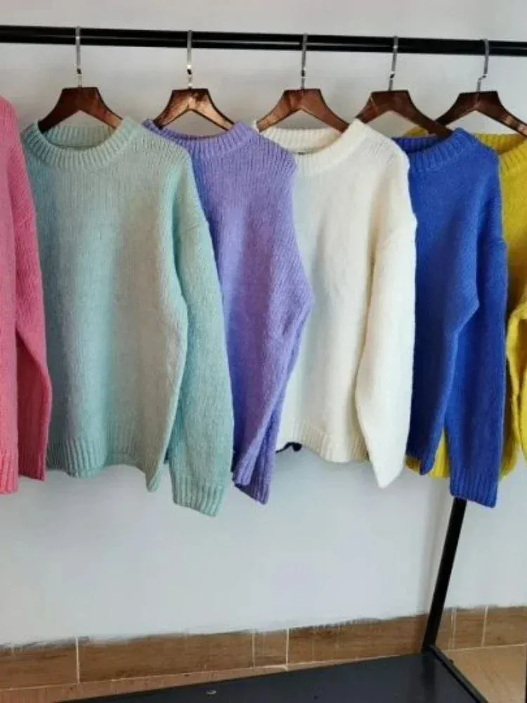 Bonnyshow 10 Colors Pink Women Sweater Womens Winter Sweaters Pullover Female Knitting Overszie Long Sleeve Loose Knitted Outerwear White