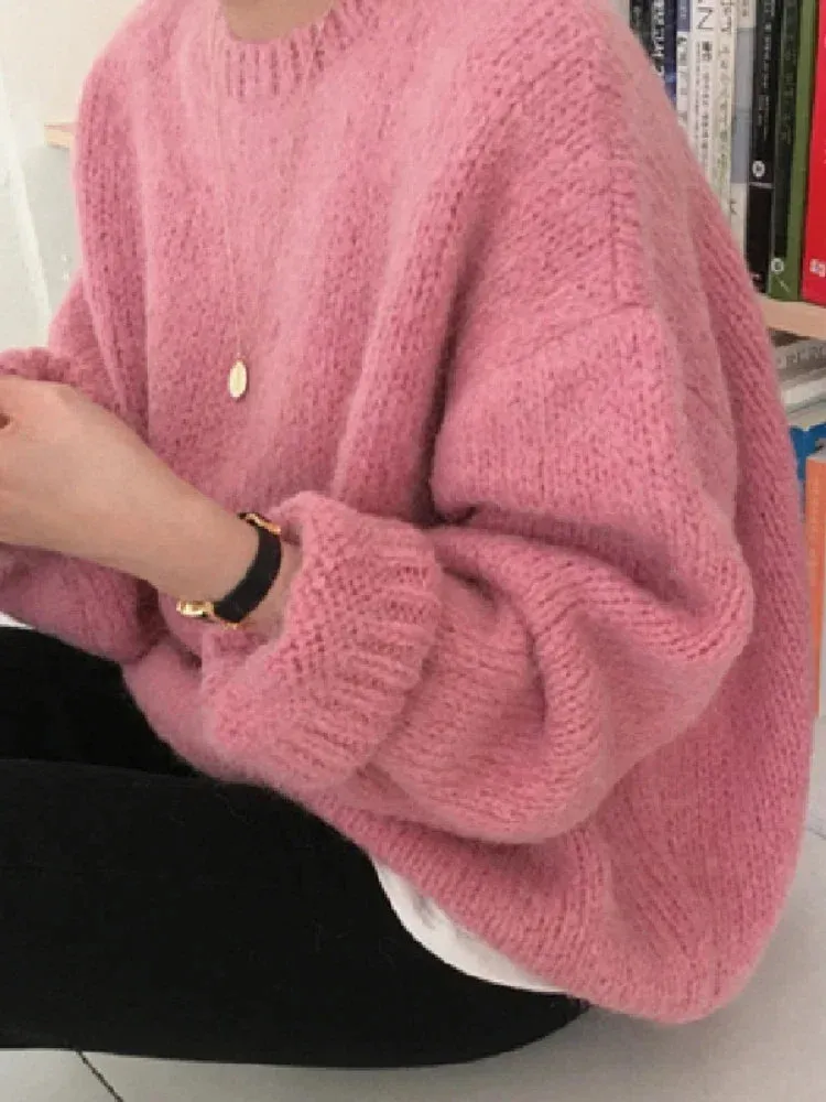Bonnyshow 10 Colors Pink Women Sweater Womens Winter Sweaters Pullover Female Knitting Overszie Long Sleeve Loose Knitted Outerwear White