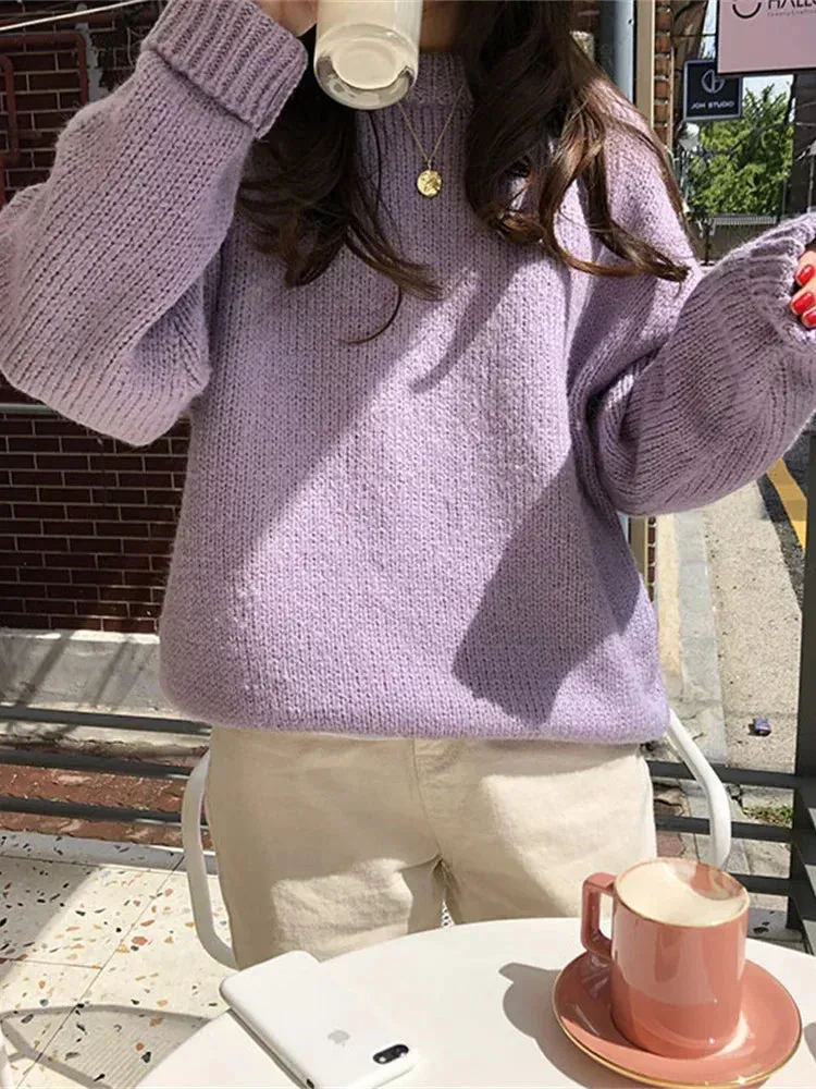 Bonnyshow 10 Colors Pink Women Sweater Womens Winter Sweaters Pullover Female Knitting Overszie Long Sleeve Loose Knitted Outerwear White