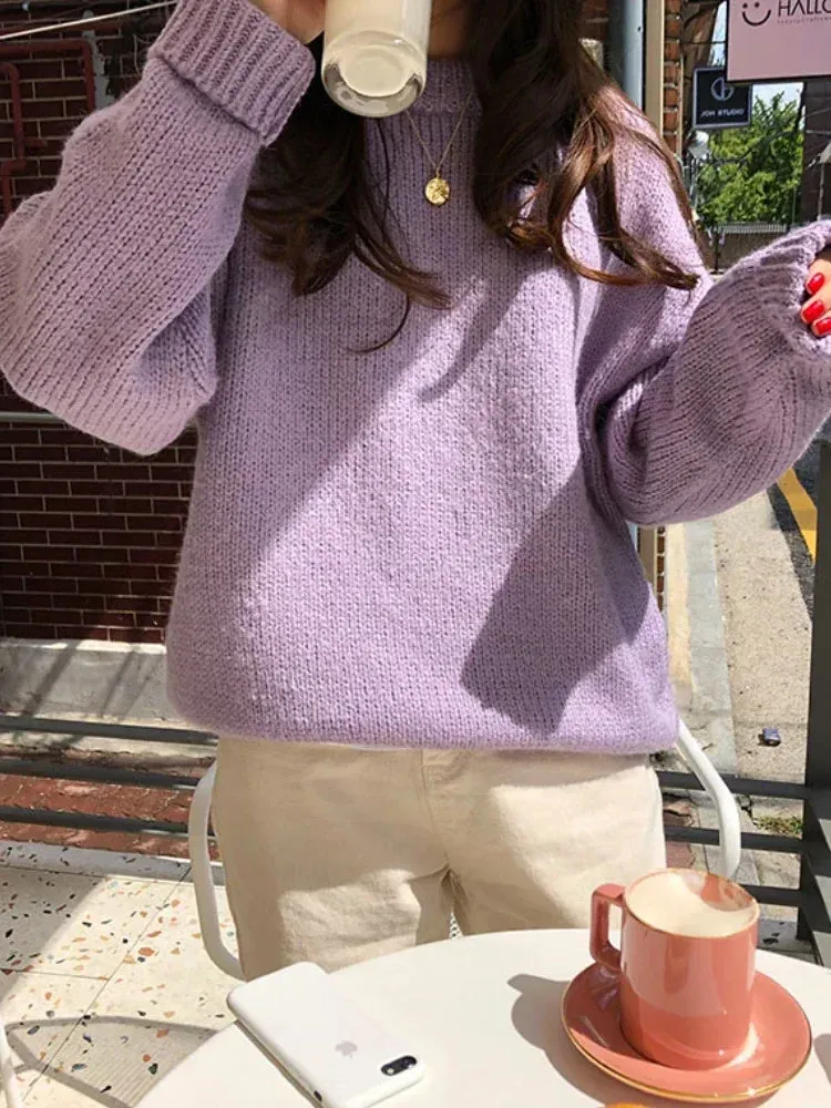 Bonnyshow 10 Colors Pink Women Sweater Womens Winter Sweaters Pullover Female Knitting Overszie Long Sleeve Loose Knitted Outerwear White