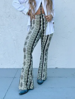 Dublin Girl Green Boho Floral Print Bell Bottom Flare Pants