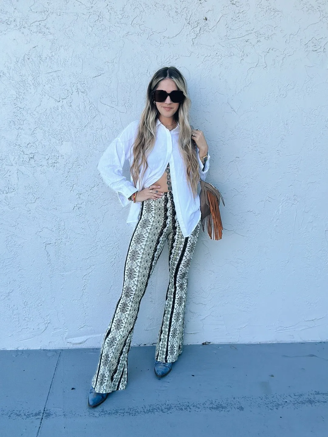 Dublin Girl Green Boho Floral Print Bell Bottom Flare Pants
