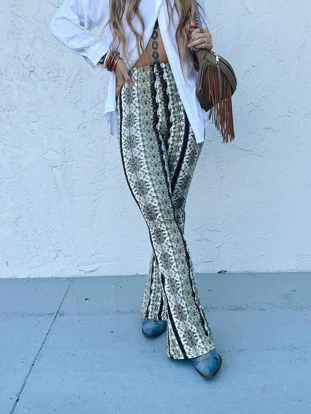Dublin Girl Green Boho Floral Print Bell Bottom Flare Pants