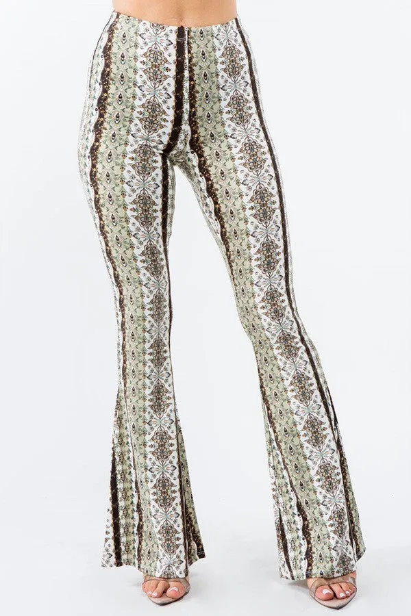 Dublin Girl Green Boho Floral Print Bell Bottom Flare Pants