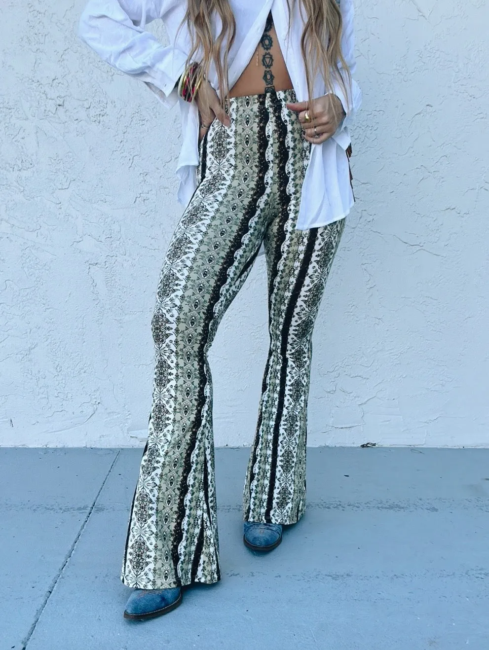 Dublin Girl Green Boho Floral Print Bell Bottom Flare Pants