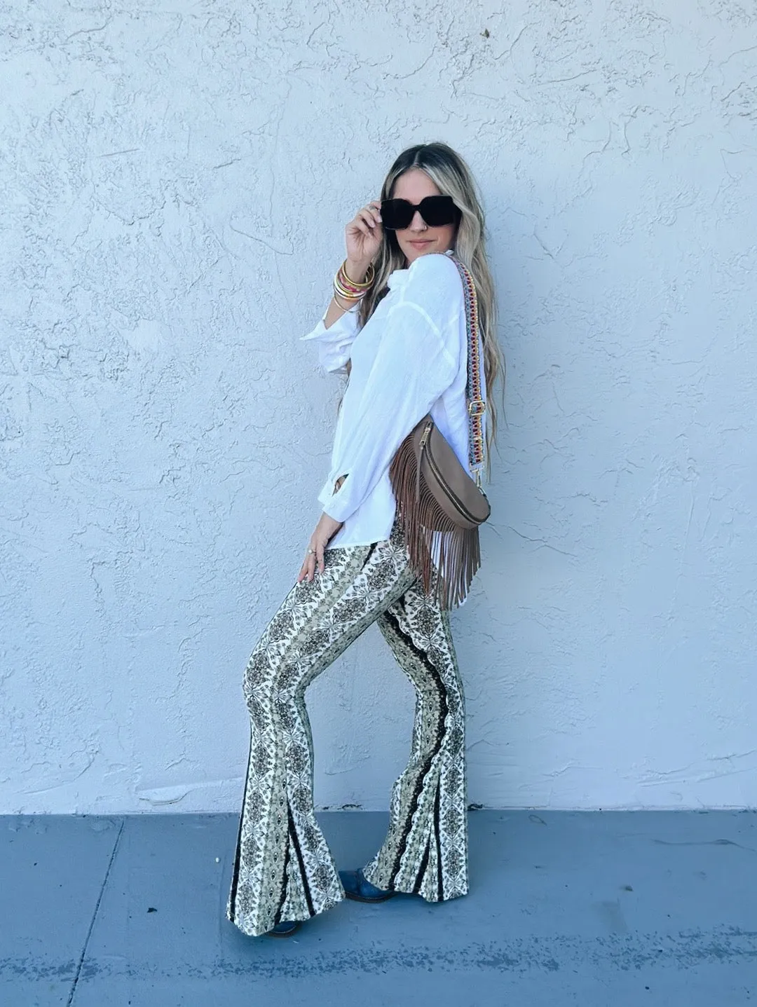 Dublin Girl Green Boho Floral Print Bell Bottom Flare Pants