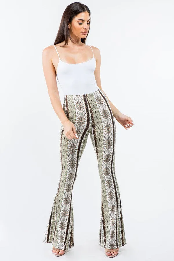 Dublin Girl Green Boho Floral Print Bell Bottom Flare Pants