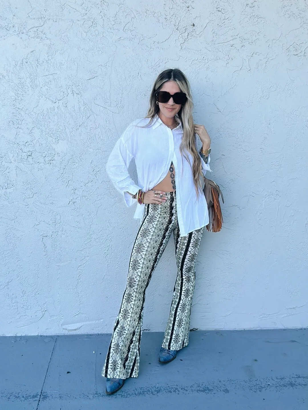 Dublin Girl Green Boho Floral Print Bell Bottom Flare Pants