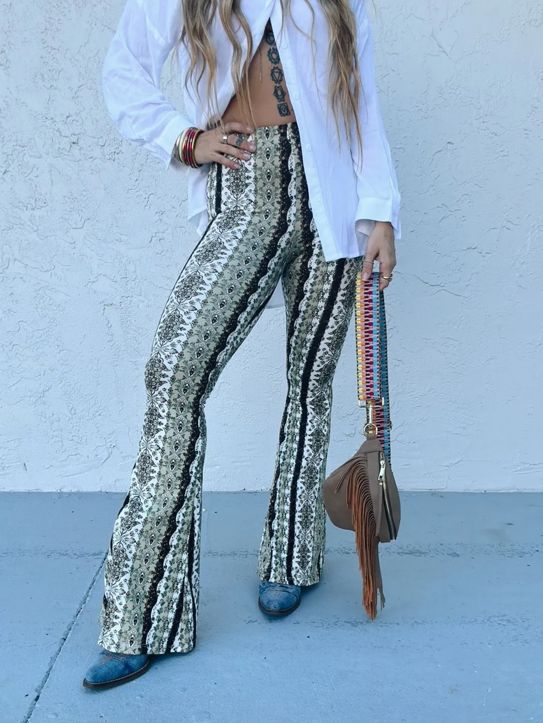 Dublin Girl Green Boho Floral Print Bell Bottom Flare Pants