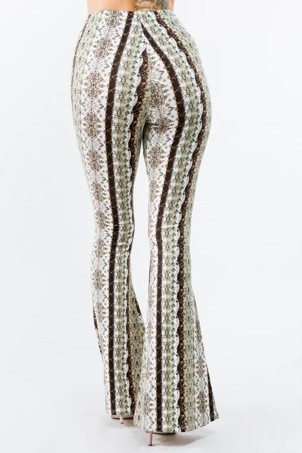 Dublin Girl Green Boho Floral Print Bell Bottom Flare Pants