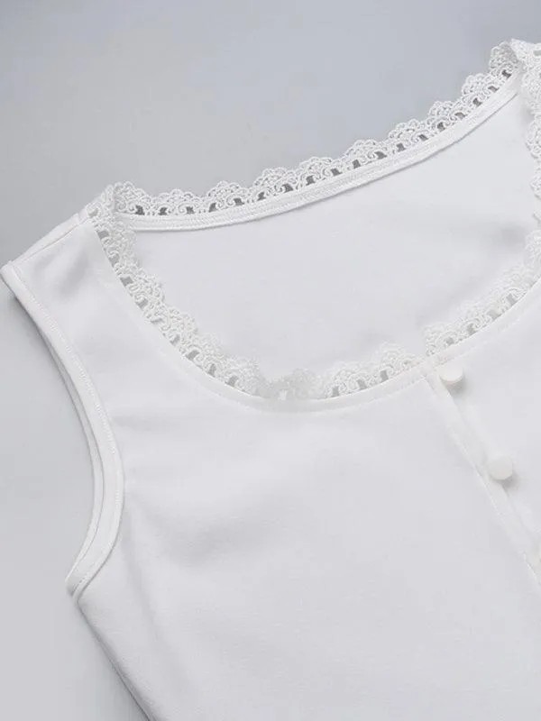 Elegant Lace Square Neck Button Vest - Women's Trendy Summer Blouse