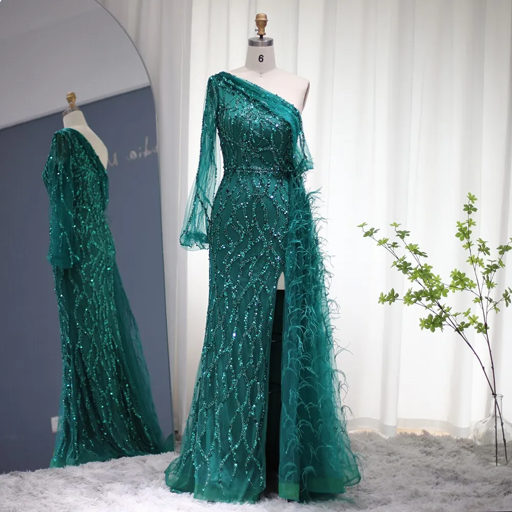 For Sale Feathers Green Mermaid Evening Dress with Overskirt SS046