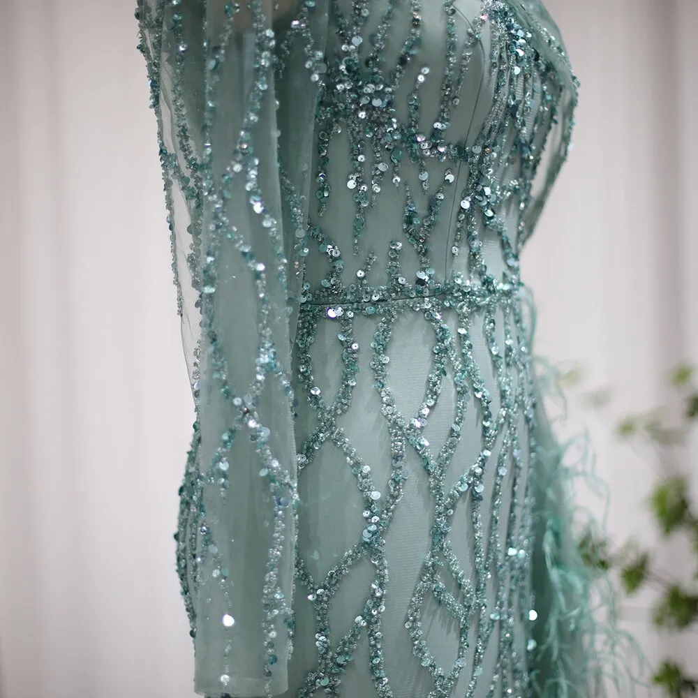 For Sale Feathers Green Mermaid Evening Dress with Overskirt SS046