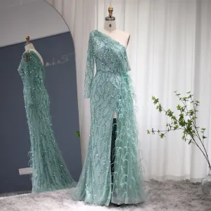 For Sale Feathers Green Mermaid Evening Dress with Overskirt SS046
