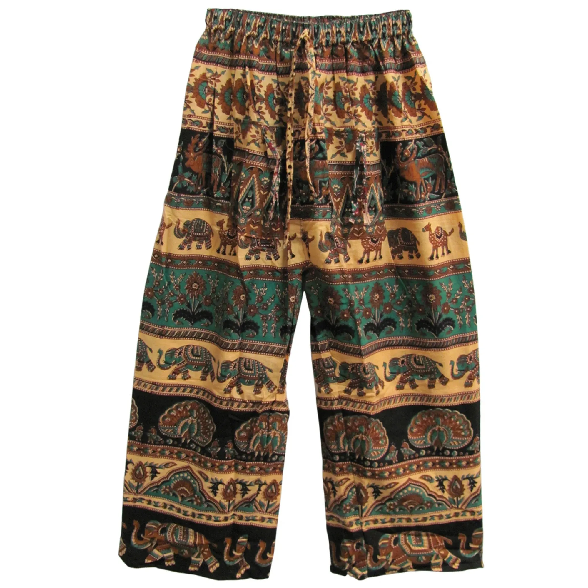 Indian Ethnic Elephant Print Hippie Gypsy Yoga Cotton Wide-Leg Jaipur Pants