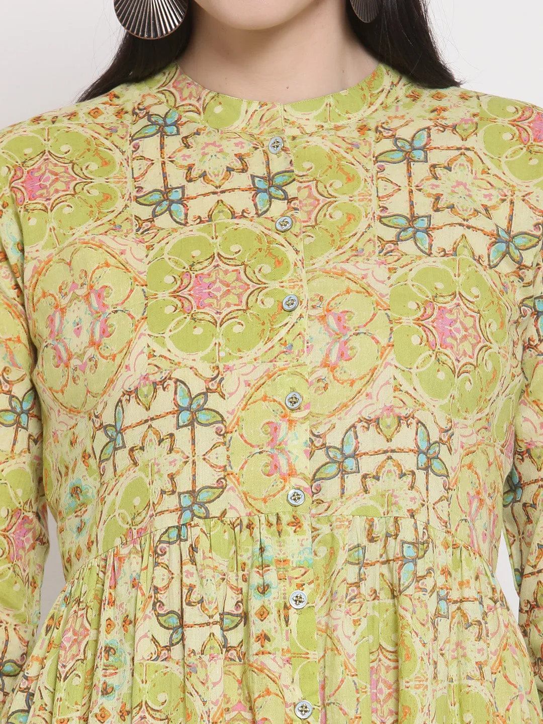 Indibelle Cotton Floral Print Fit and Flared Dress (Green)