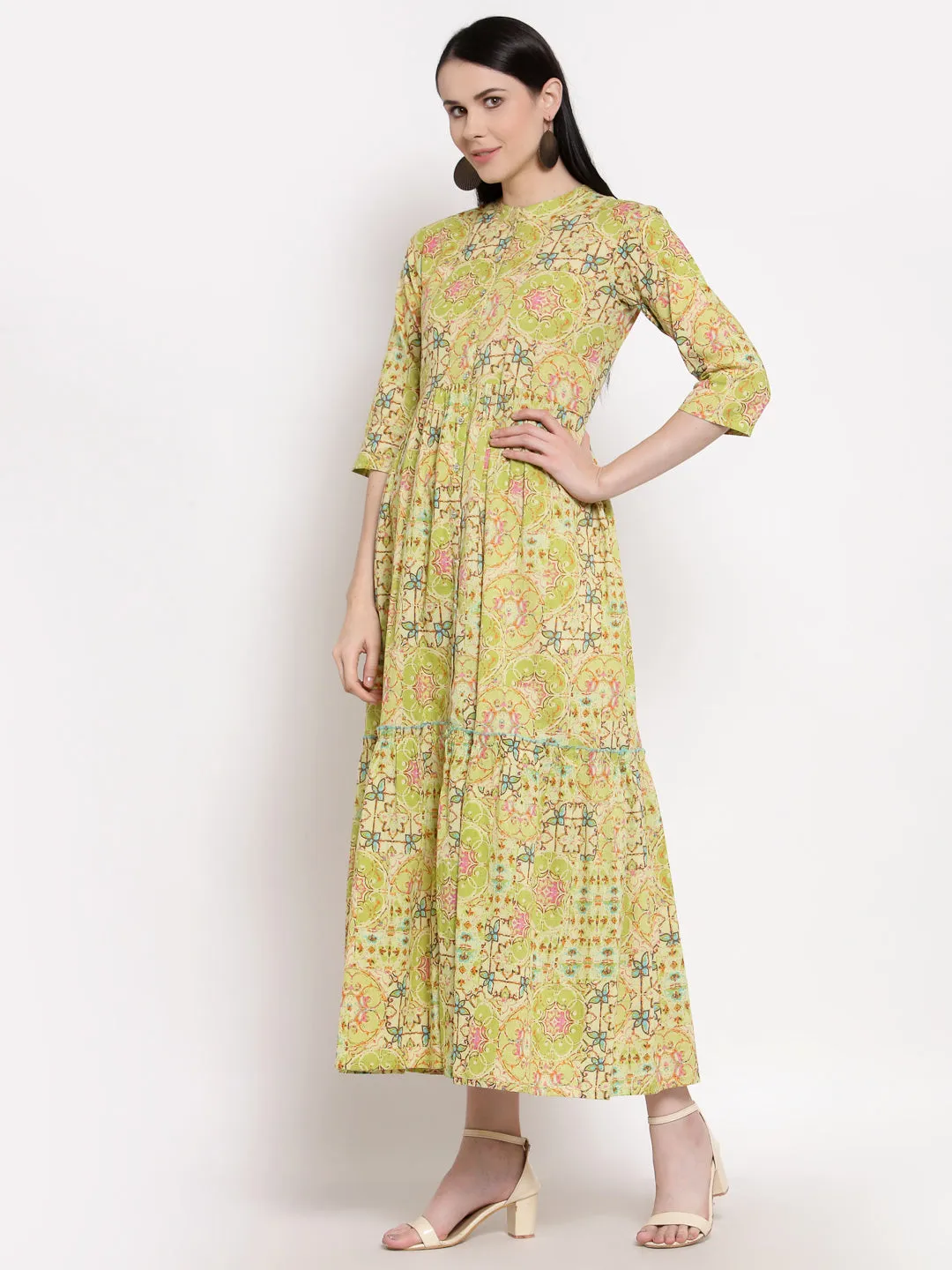 Indibelle Cotton Floral Print Fit and Flared Dress (Green)