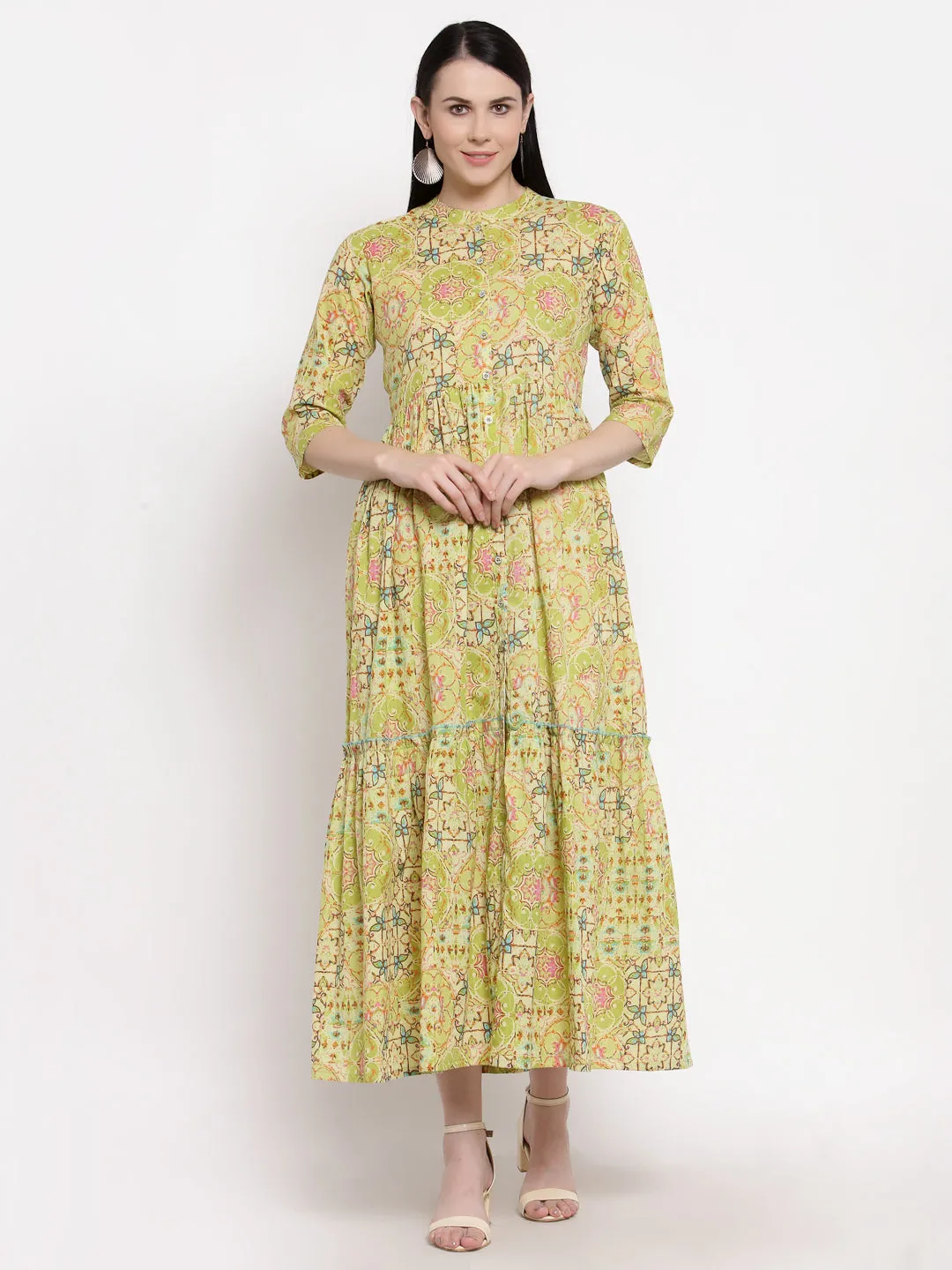 Indibelle Cotton Floral Print Fit and Flared Dress (Green)