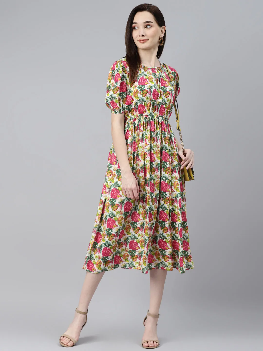 Indibelle Rayon Tropical Print Flared Dress (Pink)