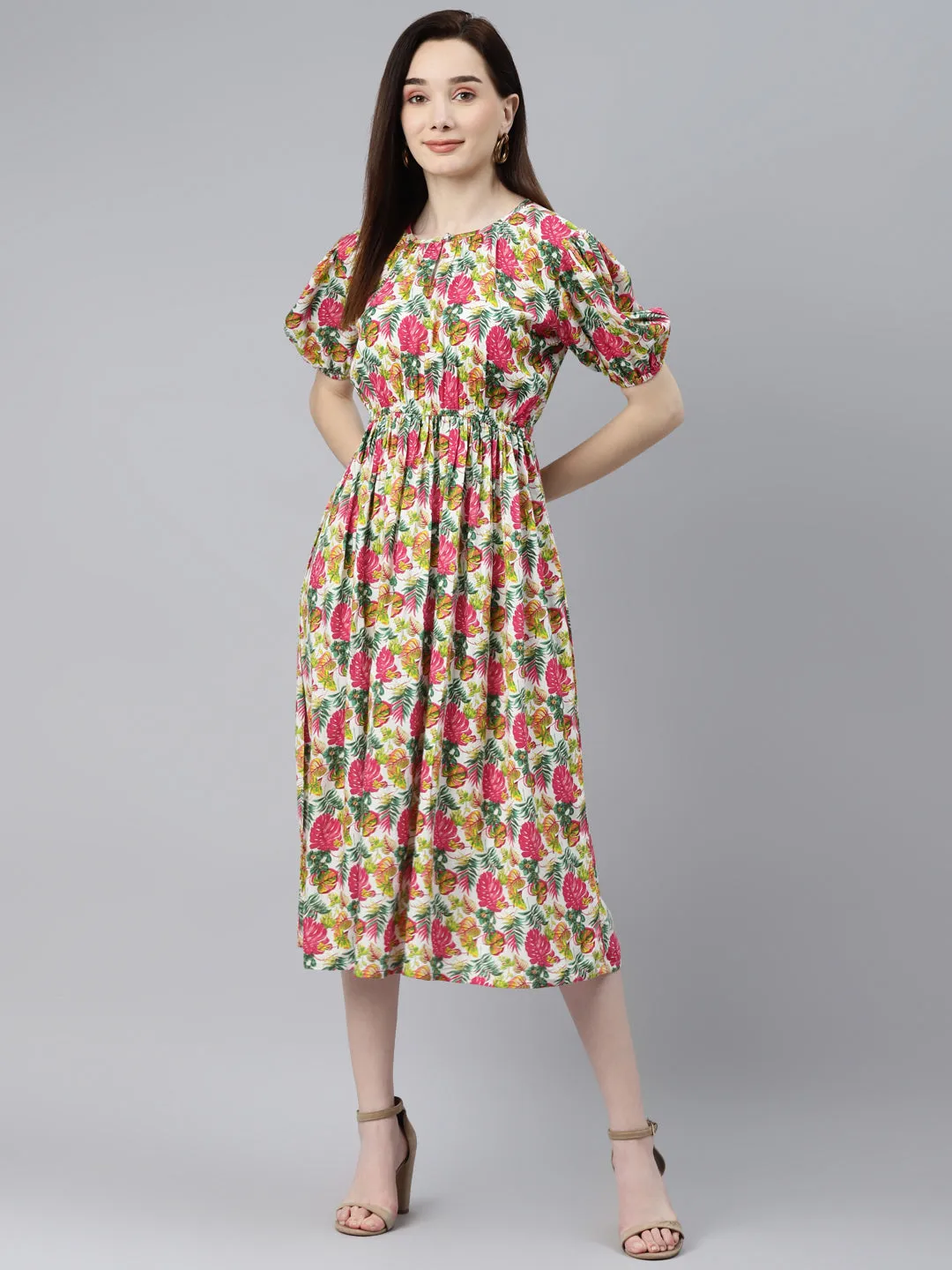 Indibelle Rayon Tropical Print Flared Dress (Pink)