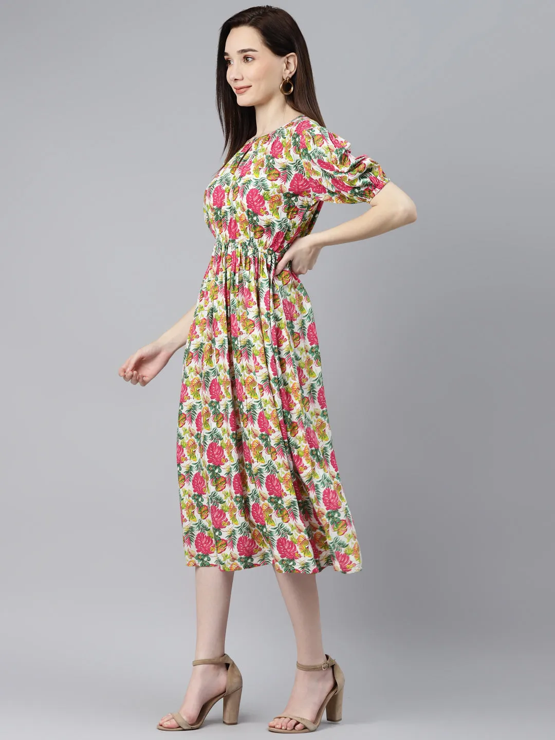 Indibelle Rayon Tropical Print Flared Dress (Pink)