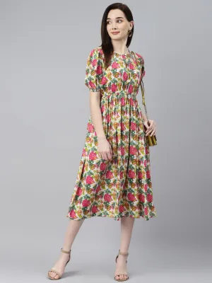 Indibelle Rayon Tropical Print Flared Dress (Pink)