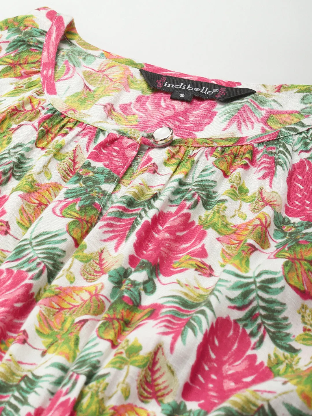 Indibelle Rayon Tropical Print Flared Dress (Pink)
