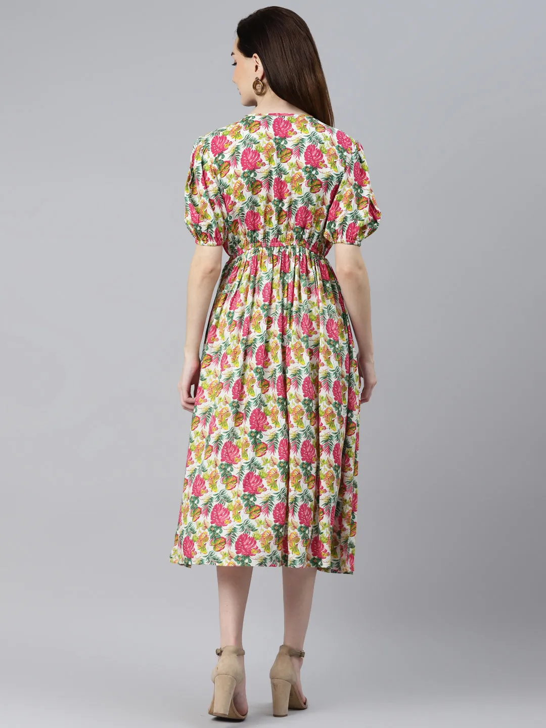 Indibelle Rayon Tropical Print Flared Dress (Pink)