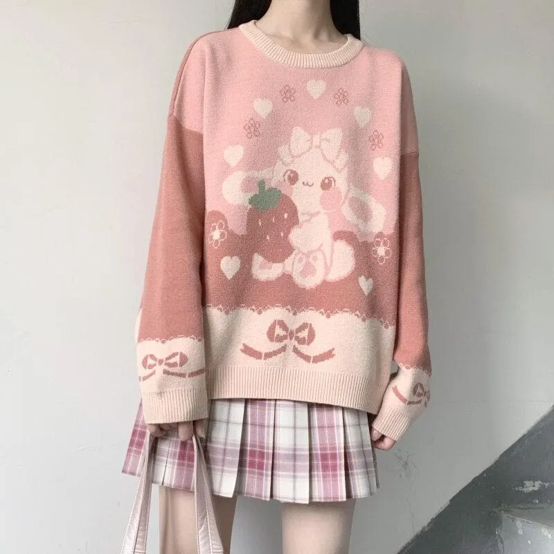 Knit Sweater With Strawberry Bunny Print