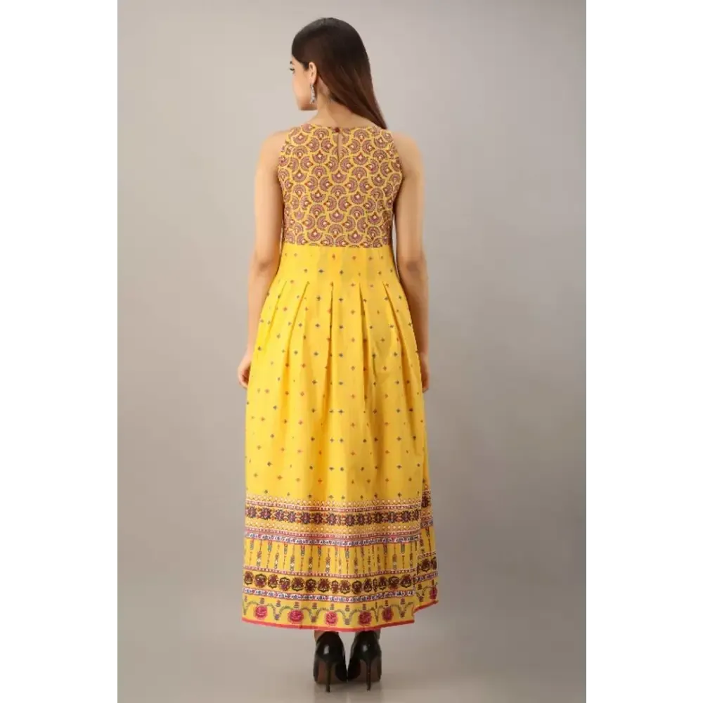 Latest Yellow Rayon Printed Long Dress