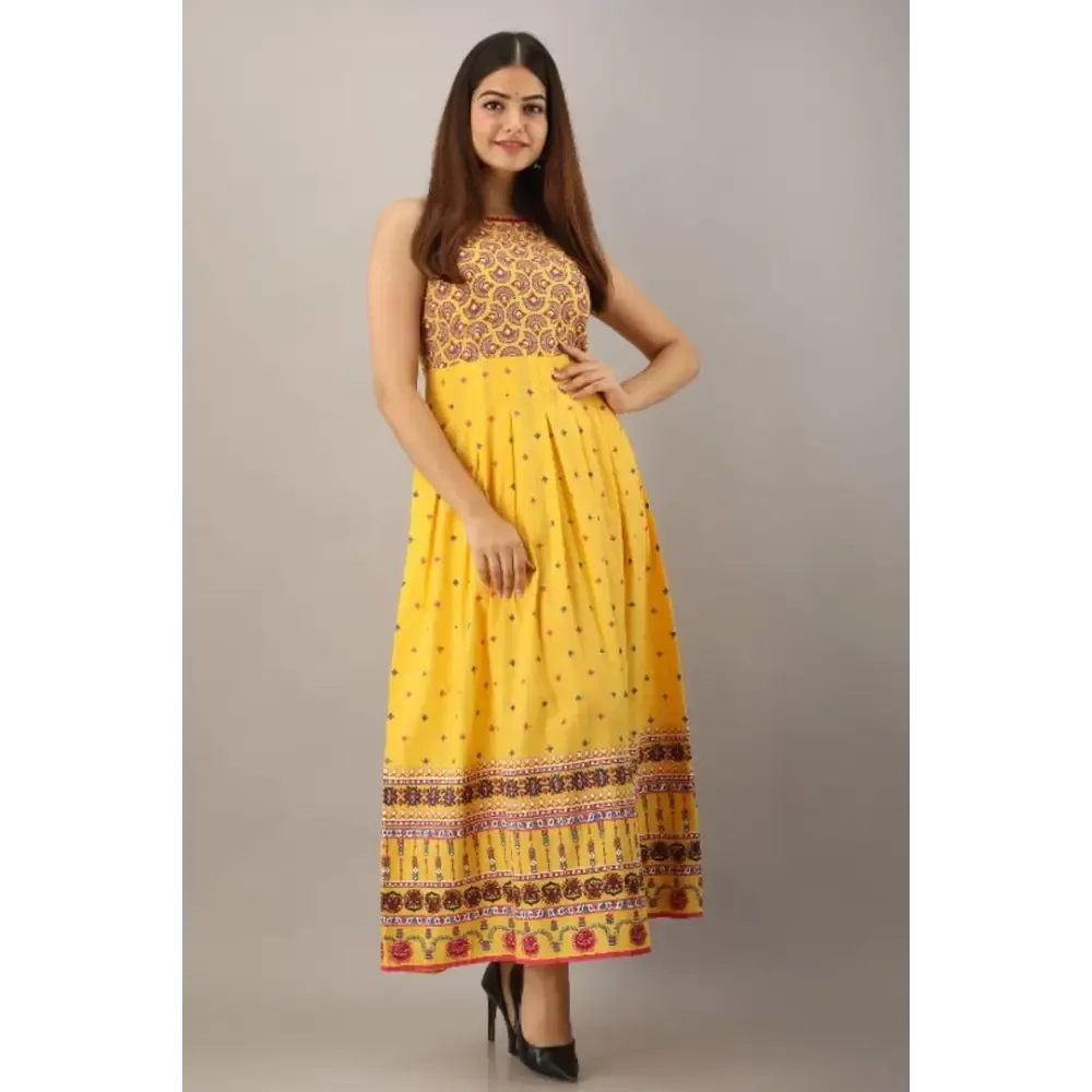 Latest Yellow Rayon Printed Long Dress