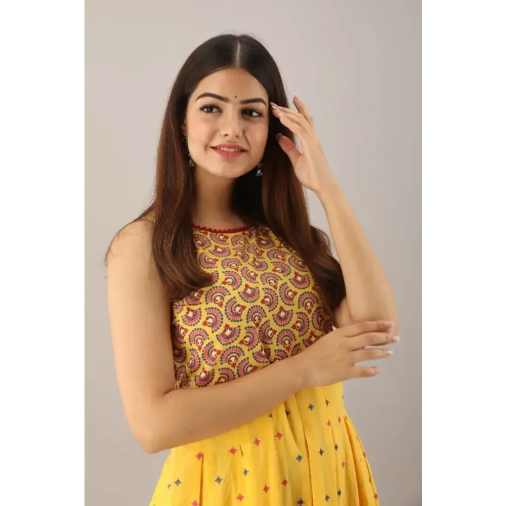 Latest Yellow Rayon Printed Long Dress
