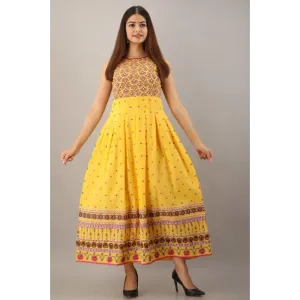 Latest Yellow Rayon Printed Long Dress