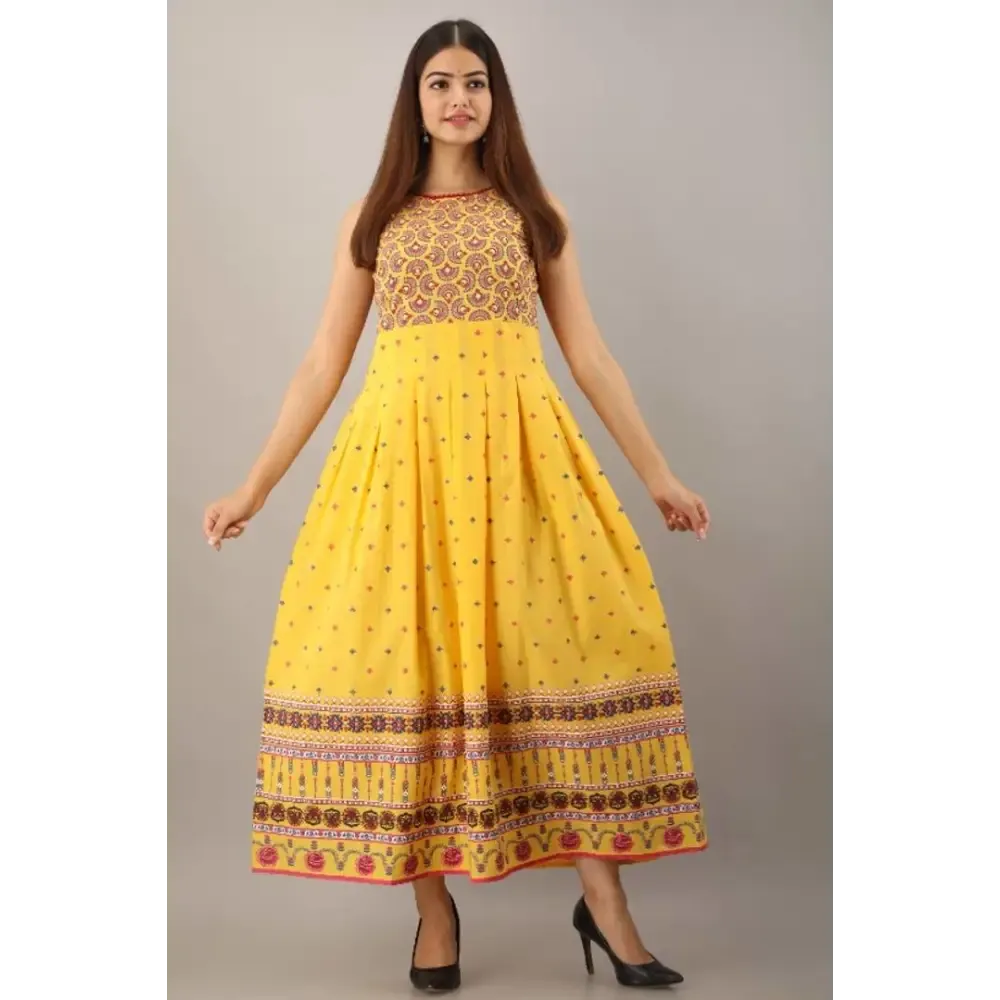 Latest Yellow Rayon Printed Long Dress