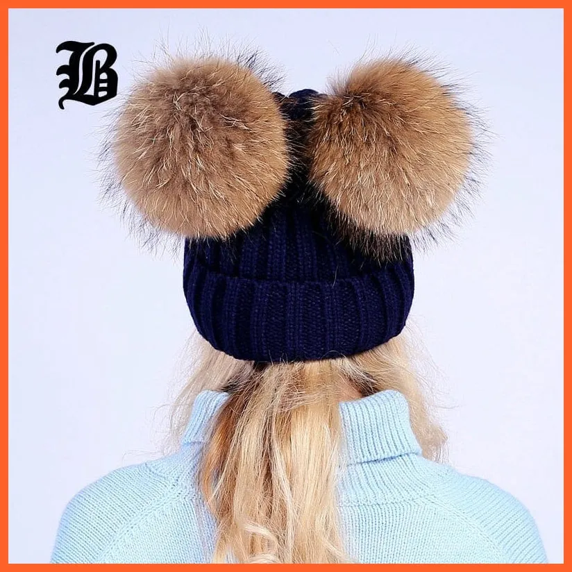 Mink Fur Ball Caps Pom Poms Winter Hat For Women | Girls Wool Hat Knitted Cotton Beanies Cap Brand New Thick Caps