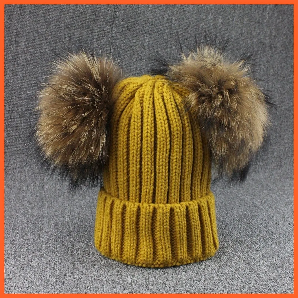 Mink Fur Ball Caps Pom Poms Winter Hat For Women | Girls Wool Hat Knitted Cotton Beanies Cap Brand New Thick Caps