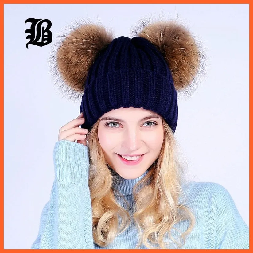 Mink Fur Ball Caps Pom Poms Winter Hat For Women | Girls Wool Hat Knitted Cotton Beanies Cap Brand New Thick Caps