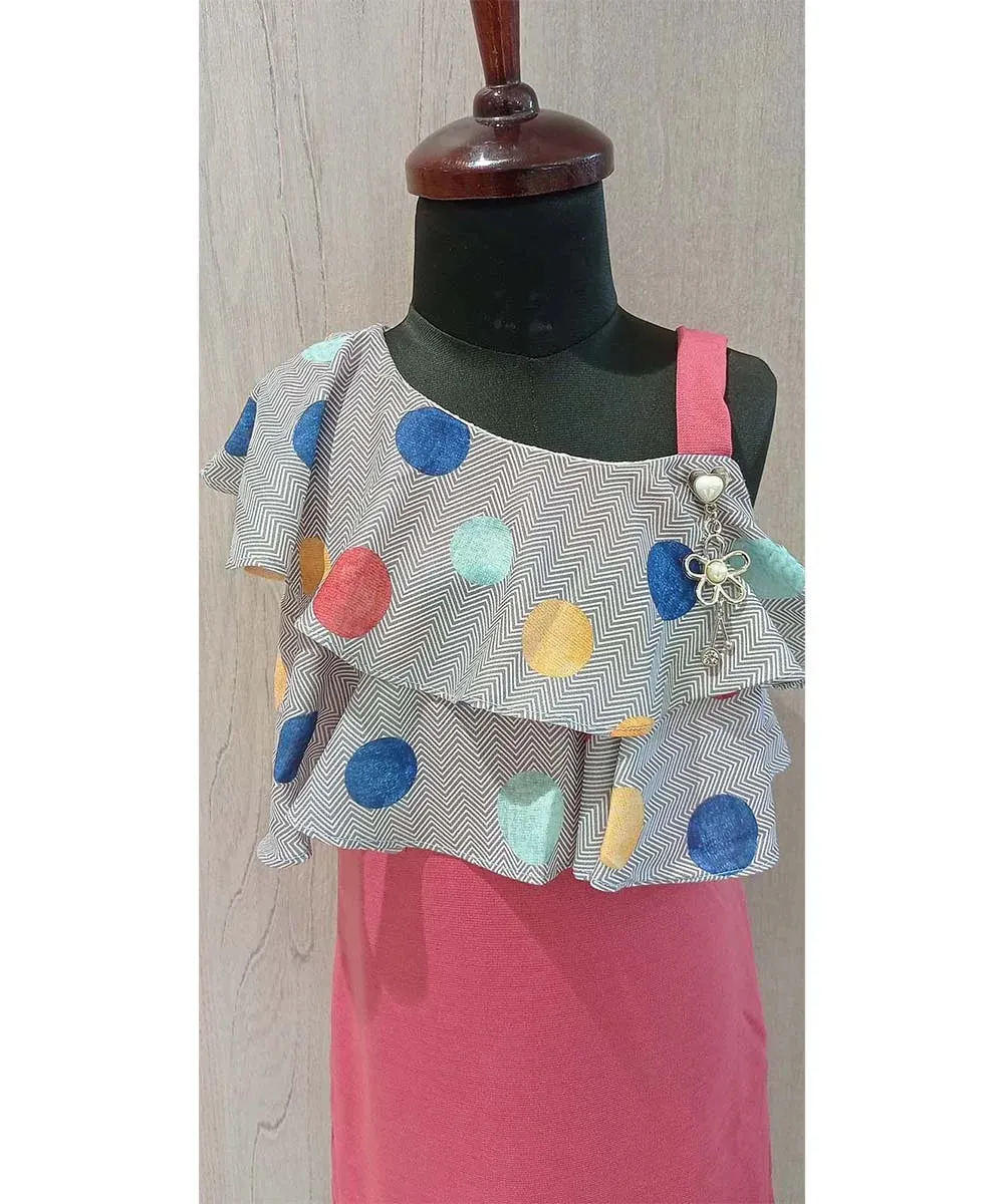 Pink and Grey Colored Polka Dotted Dress