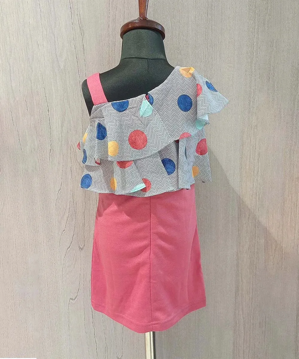 Pink and Grey Colored Polka Dotted Dress