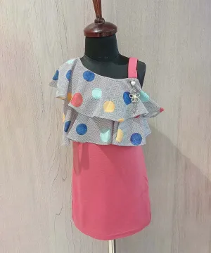 Pink and Grey Colored Polka Dotted Dress