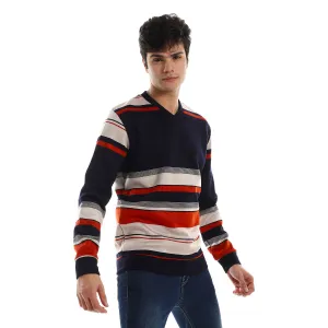 Striped V-Neck Fleeced Pullover - Kady