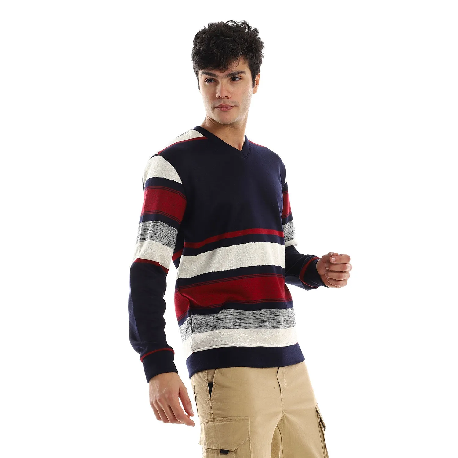 Striped V-Neck Fleeced Pullover - Kady