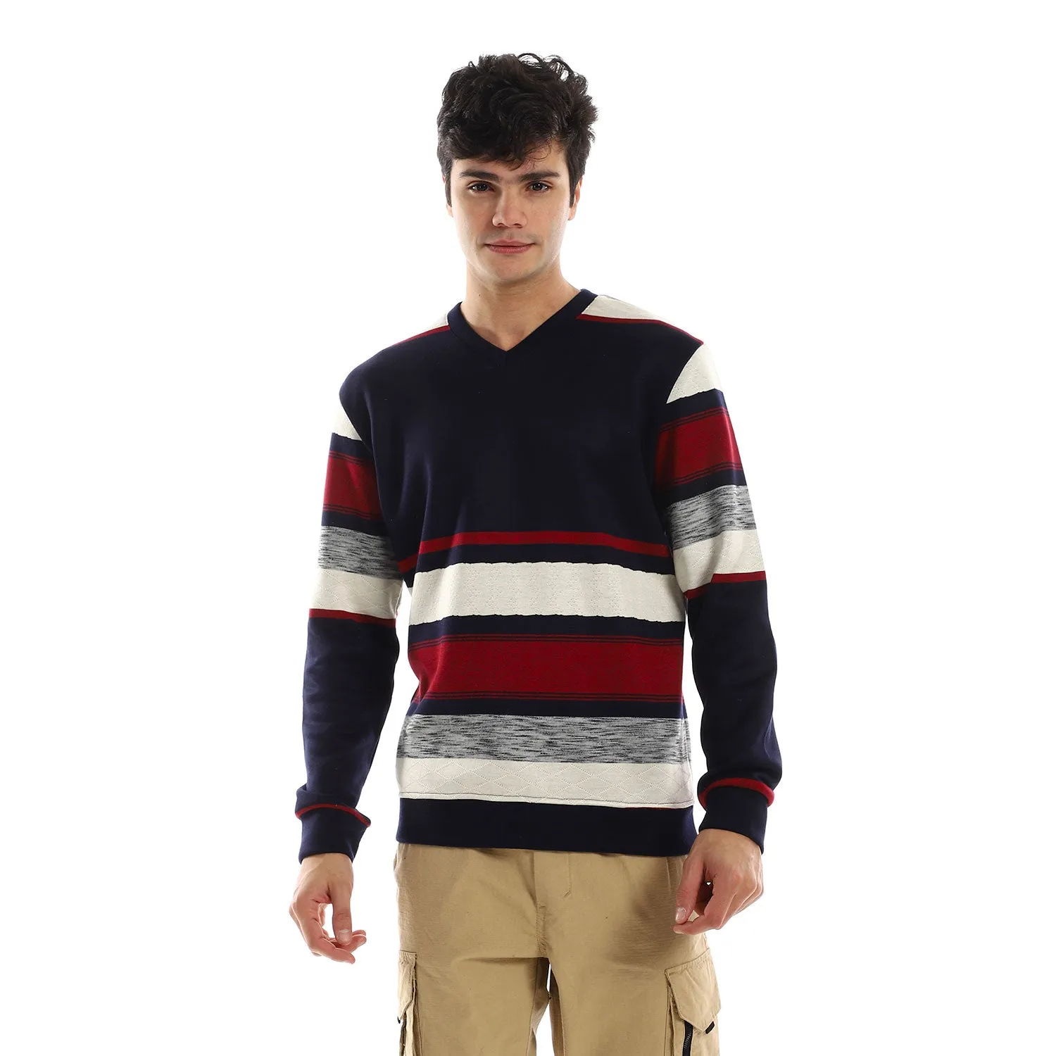 Striped V-Neck Fleeced Pullover - Kady