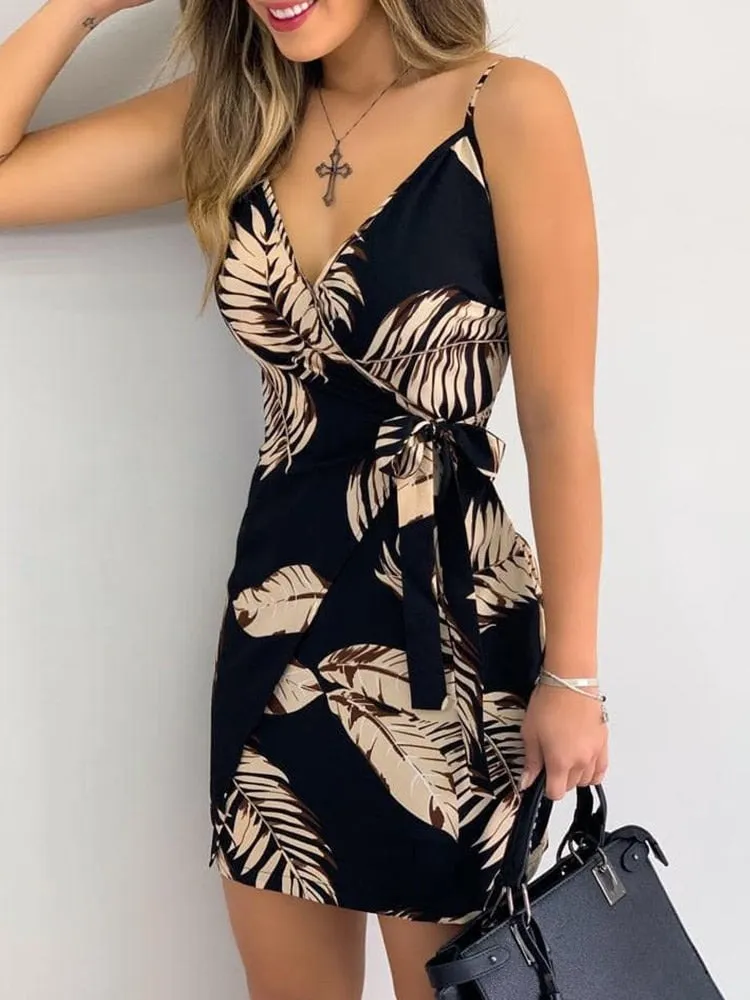 Tropical Print V-Neck Trendy Wrap Casual Dress