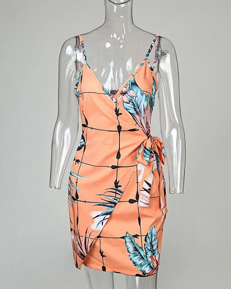 Tropical Print V-Neck Trendy Wrap Casual Dress